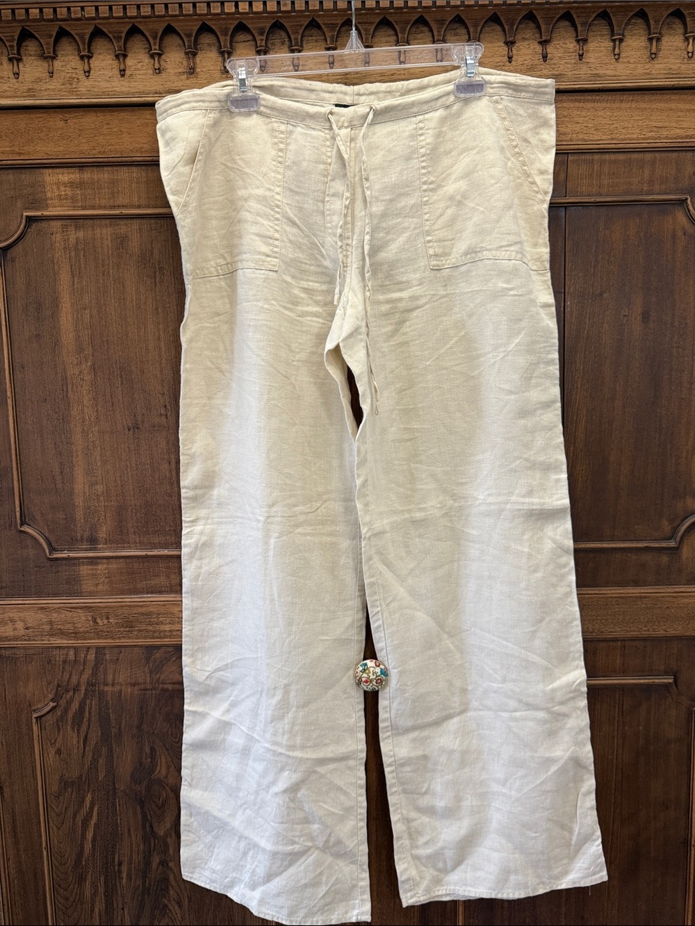 VENUS Cream Linen Wide-Leg Drawstring Pants